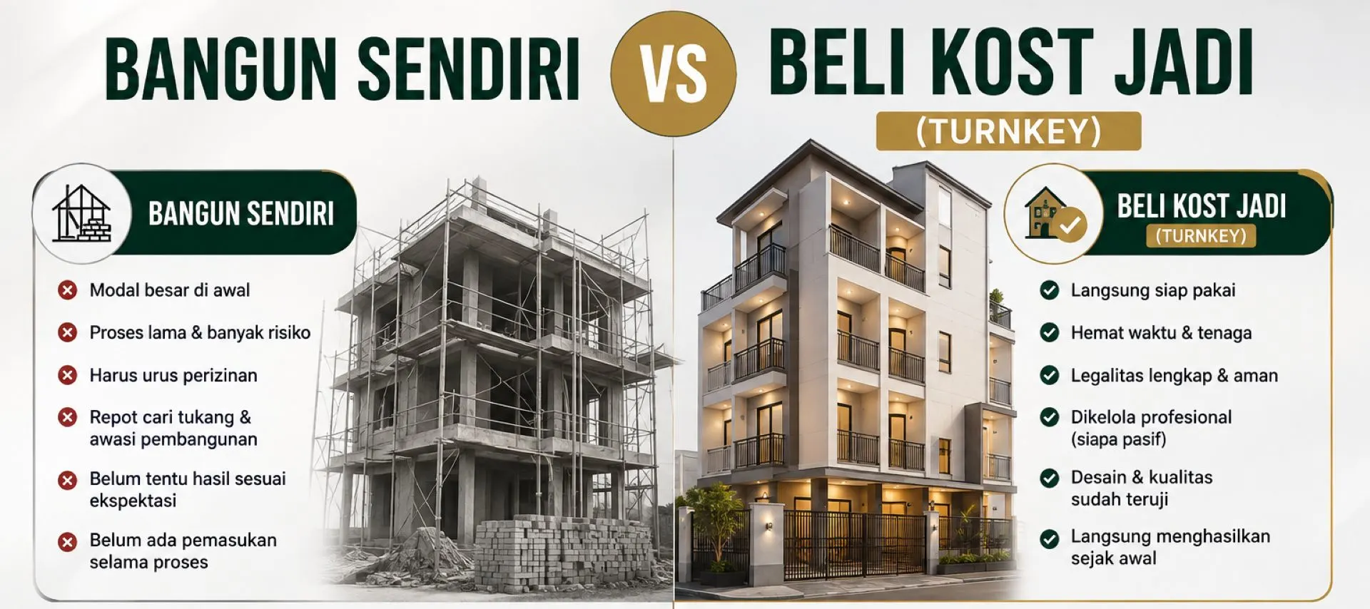 Perbandingan bangun kost sendiri vs beli kost jadi Perbandingan bangun kost sendiri vs beli kost jadi